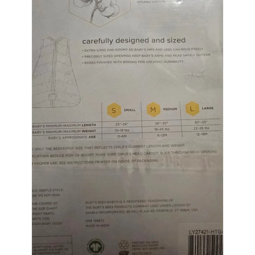 Burt's Bees Baby Beekeeper Wearable Blanket Gray White Stripe Organic Cotton M
